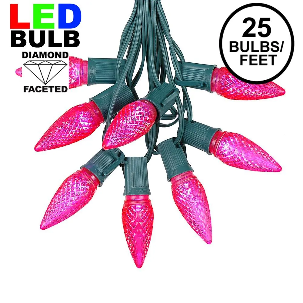 25 Light String Set With Pink LED C9 Bulbs On Green Wire 1 25 Light String Set With Pink LED C9 Bulbs On Green Wire