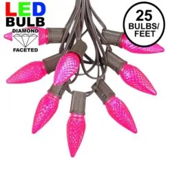 25 Light String Set With Pink LED C9 Bulbs On Brown Wire