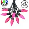 25 Light String Set With Pink LED C9 Bulbs On Black Wire