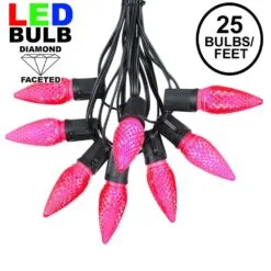 25 Light String Set With Pink LED C9 Bulbs On Black Wire