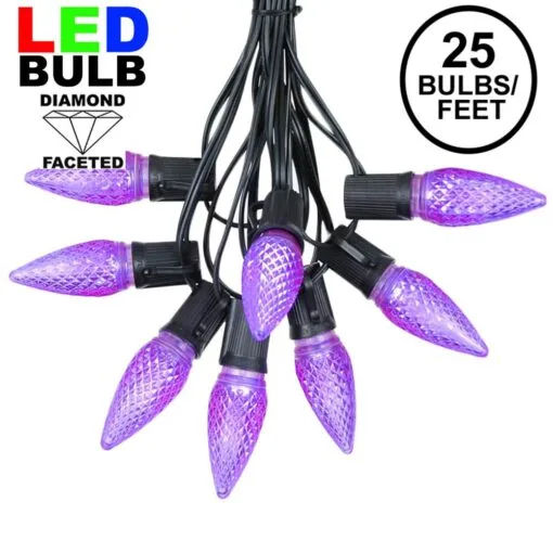 25 Light String Set With Purple LED C9 Bulbs On Black Wire -Holiday Lights Sales 0021023 25 light string set with purple led c9 bulbs on black wire