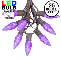 25 Light String Set With Purple LED C9 Bulbs On Brown Wire