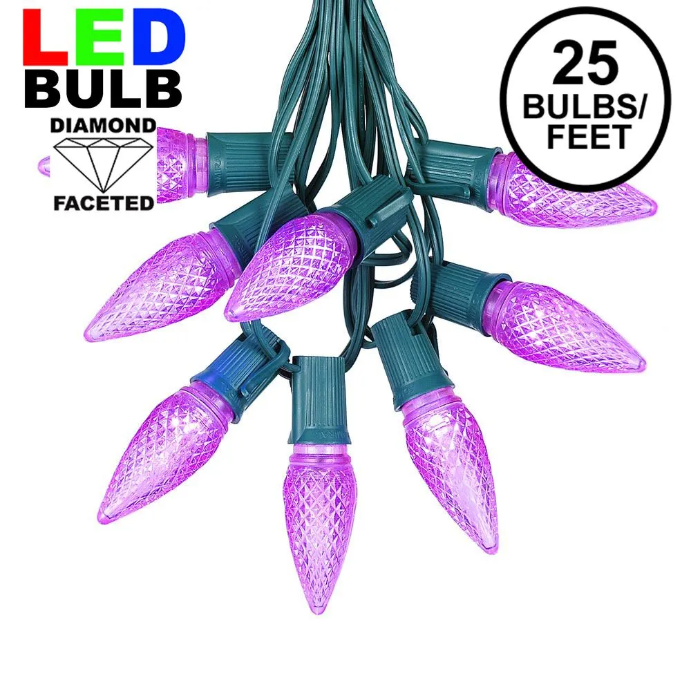 25 Light String Set With Purple LED C9 Bulbs On Green Wire 1 25 Light String Set With Purple LED C9 Bulbs On Green Wire