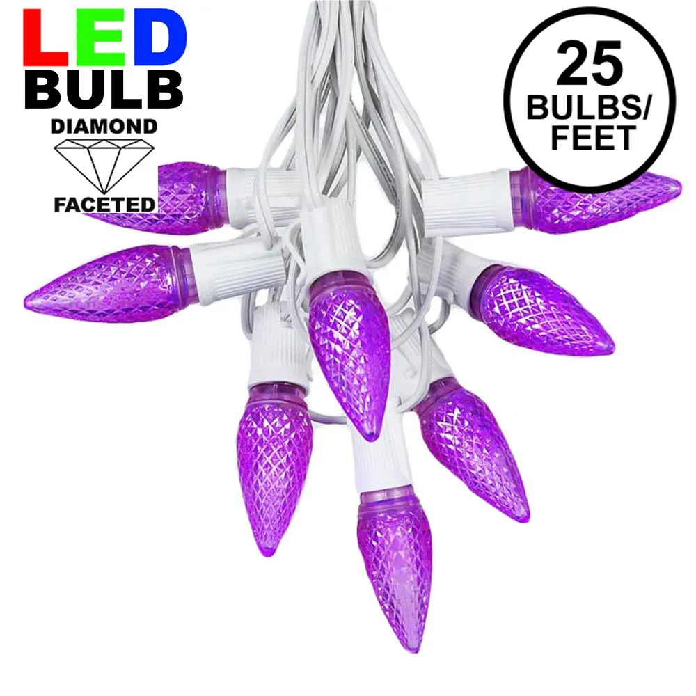 25 Light String Set With Purple LED C9 Bulbs On White Wire 1 25 Light String Set With Purple LED C9 Bulbs On White Wire