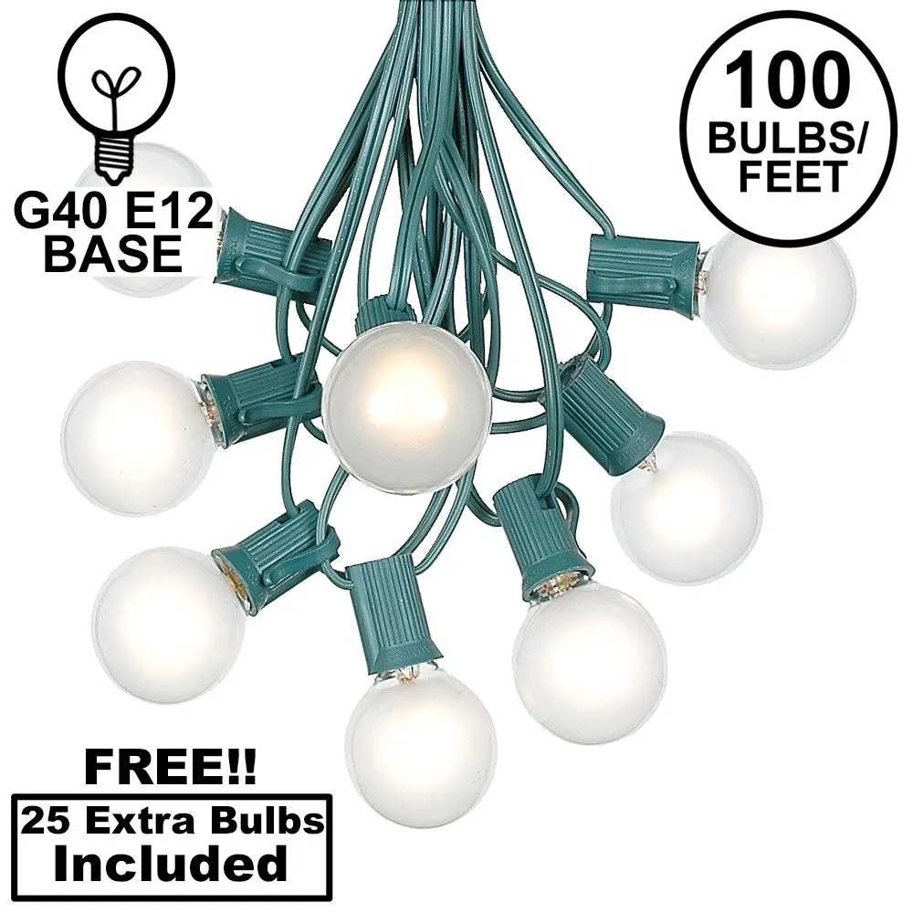 100 G40 Globe String Light Set With Frosted White Bulbs On Green Wire 1 100 G40 Globe String Light Set With Frosted White Bulbs On Green Wire