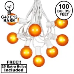 100 G40 Globe String Light Set With Orange Satin Bulbs On White Wire