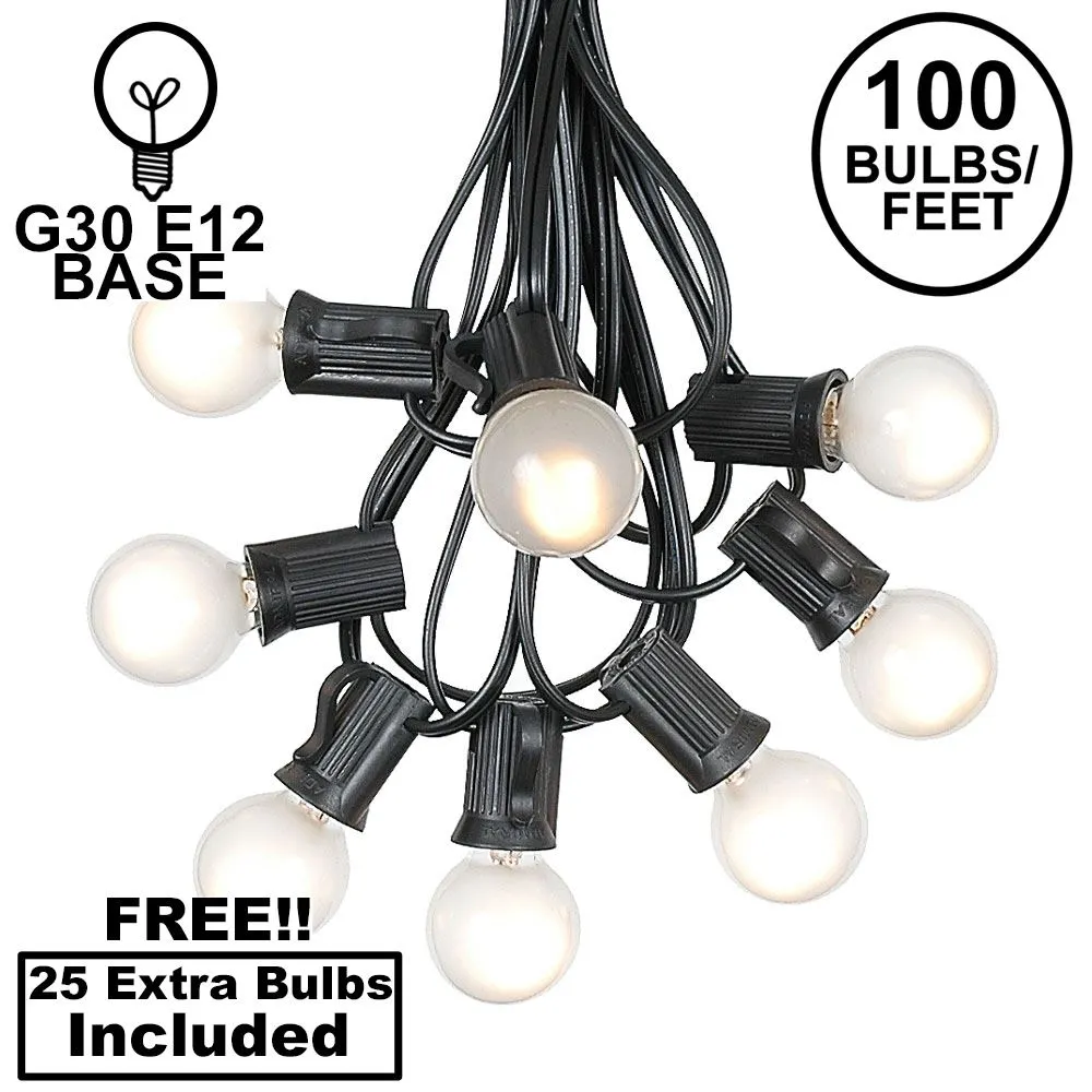 100 G30 Globe String Light Set With Frosted White Bulbs On Black Wire 1 100 G30 Globe String Light Set With Frosted White Bulbs On Black Wire
