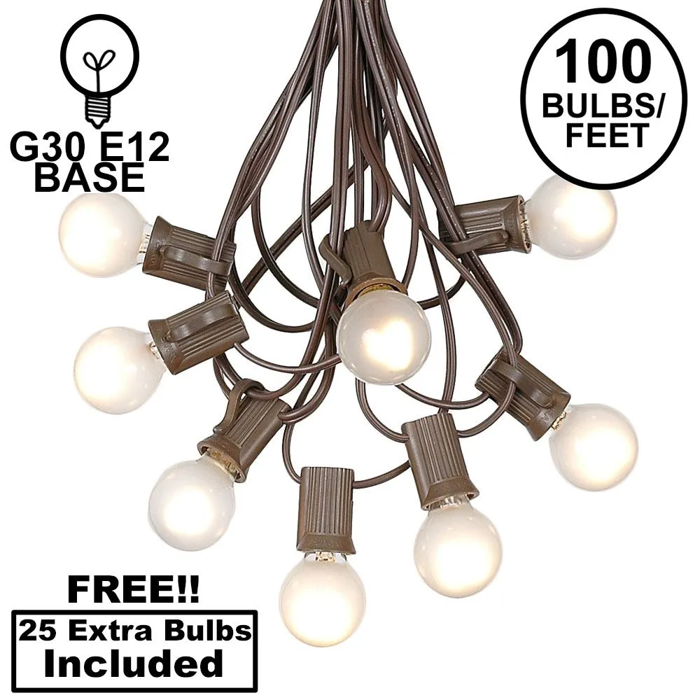 100 G30 Globe String Light Set With Frosted White Bulbs On Brown Wire 1 100 G30 Globe String Light Set With Frosted White Bulbs On Brown Wire