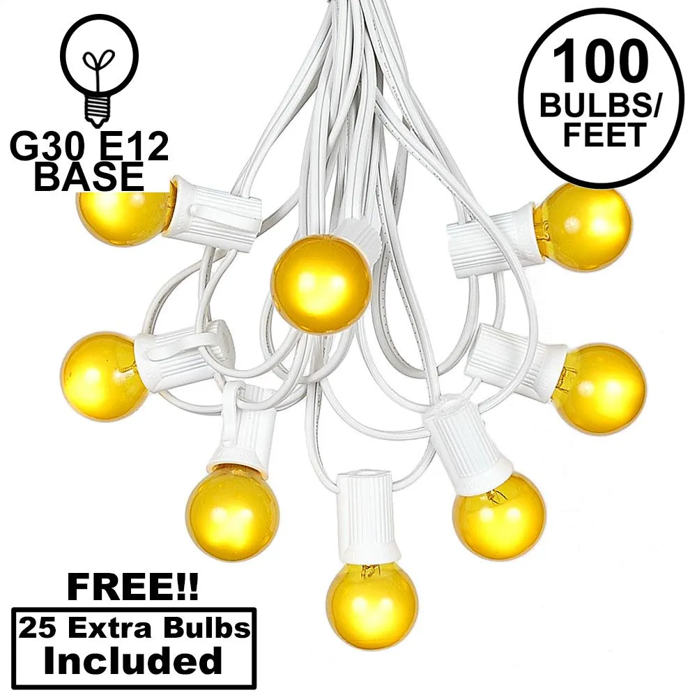 100 G30 Globe String Light Set With Yellow Satin Bulbs On White Wire 1 100 G30 Globe String Light Set With Yellow Satin Bulbs On White Wire