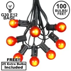 100 G30 Globe String Light Set With Orange Satin Bulbs On Black Wire