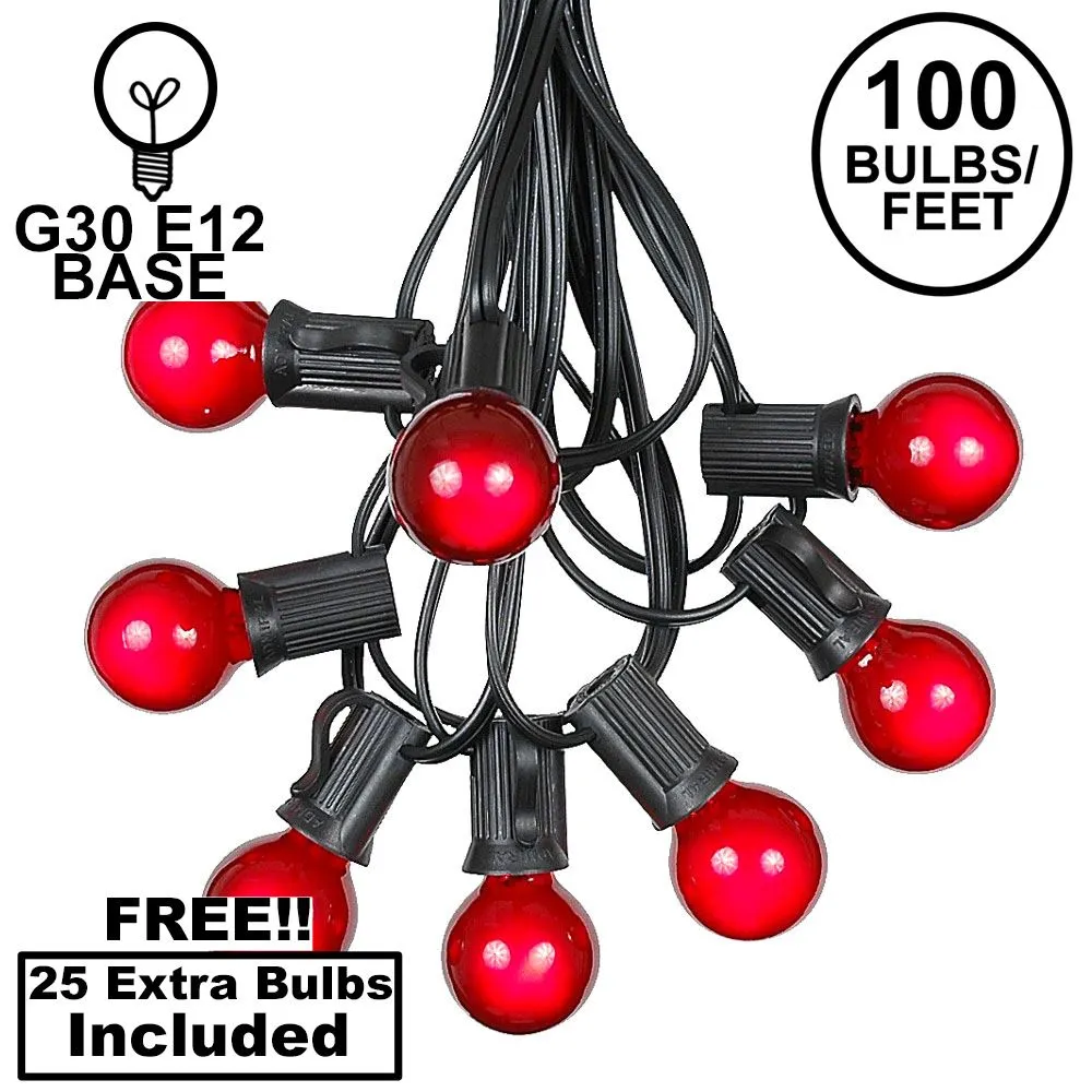 100 G30 Globe String Light Set With Red Satin Bulbs On Black Wire 1 100 G30 Globe String Light Set With Red Satin Bulbs On Black Wire