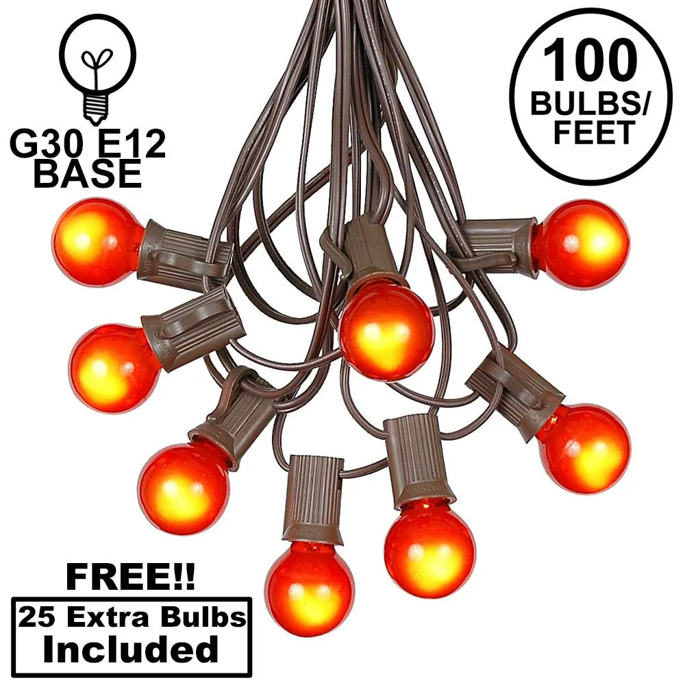 100 G30 Globe String Light Set With Orange Satin Bulbs On Brown Wire 1 100 G30 Globe String Light Set With Orange Satin Bulbs On Brown Wire