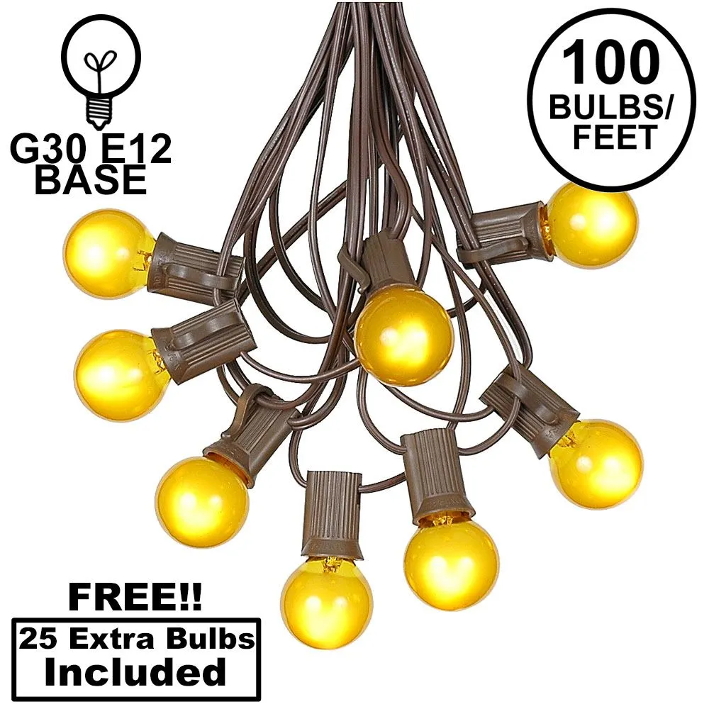 100 G30 Globe String Light Set With Yellow Satin Bulbs On Brown Wire 1 100 G30 Globe String Light Set With Yellow Satin Bulbs On Brown Wire