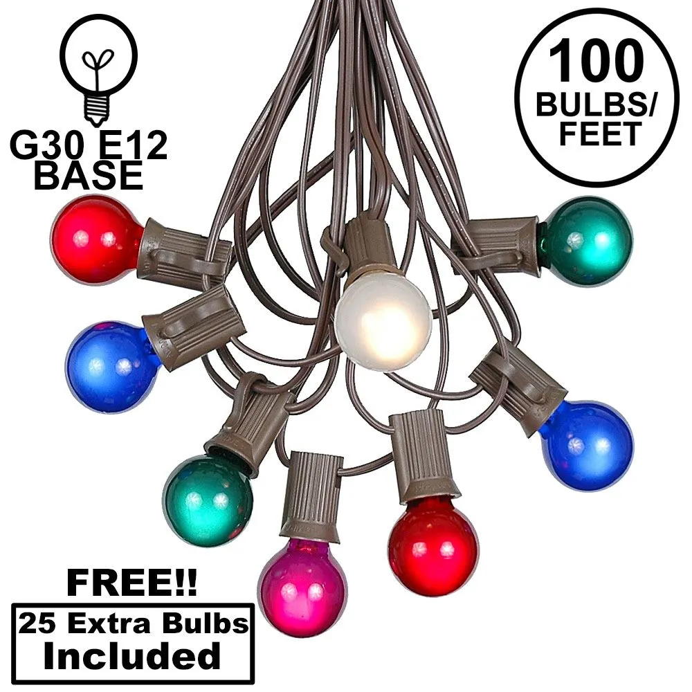 100 G30 Globe String Light Set With Multi Colored Satin Bulbs On Brown Wire 1 100 G30 Globe String Light Set With Multi Colored Satin Bulbs On Brown Wire