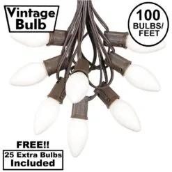 100 C9 Ceramic Christmas Light Set - White - Brown Wire