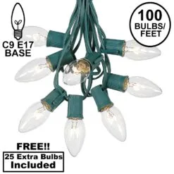100 C9 Christmas Light Set - Clear Bulbs - Green Wire