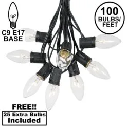 100 C9 Christmas Light Set - Clear Bulbs - Black Wire