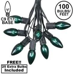 100 C9 Christmas Light Set - Green Bulbs - Black Wire