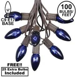100 C9 Christmas Light Set - Blue Bulbs - Brown Wire