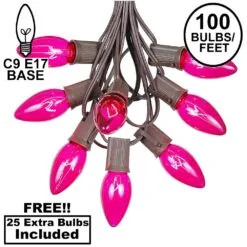 100 C9 Christmas Light Set - Pink Bulbs - Brown Wire
