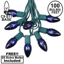 100 C9 Christmas Light Set - Blue Bulbs - Green Wire