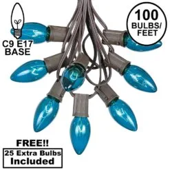 100 C9 Christmas Light Set - Teal Bulbs - Brown Wire