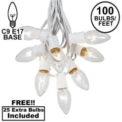 100 C9 Christmas Light Set - Clear Bulbs - White Wire