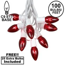100 C9 Christmas Light Set - Red Bulbs - White Wire