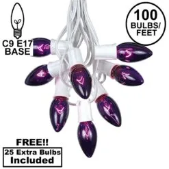 100 C9 Christmas Light Set - Purple Bulbs - White Wire