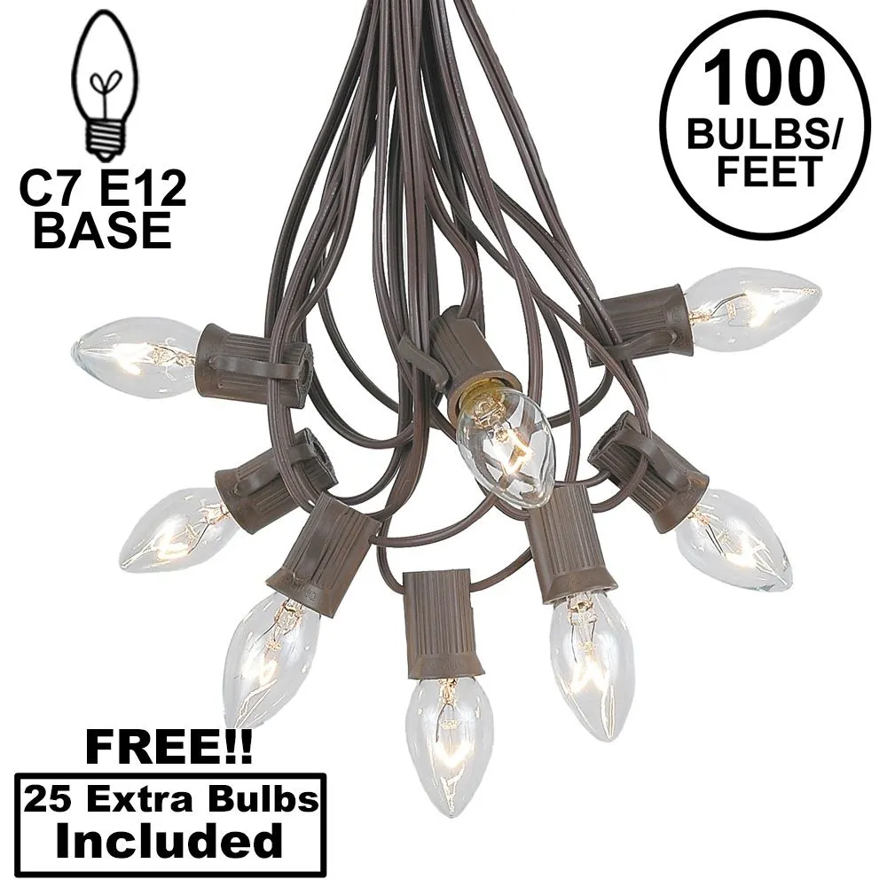 100 C7 String Light Set With Clear Bulbs On Brown Wire 1 100 C7 String Light Set With Clear Bulbs On Brown Wire