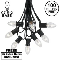 100 C7 String Light Set With Clear Bulbs On Black Wire