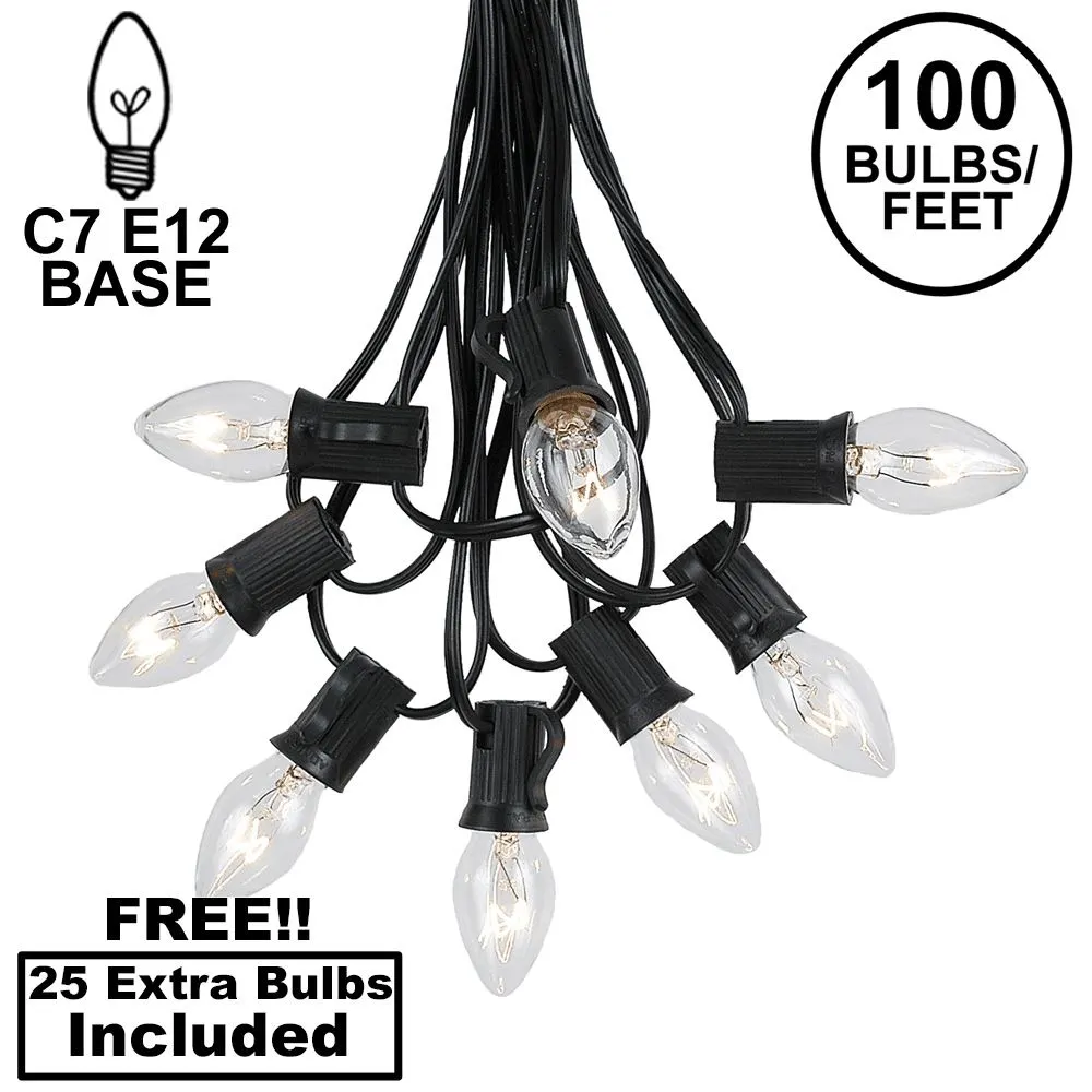 100 C7 String Light Set With Clear Bulbs On Black Wire 1 100 C7 String Light Set With Clear Bulbs On Black Wire