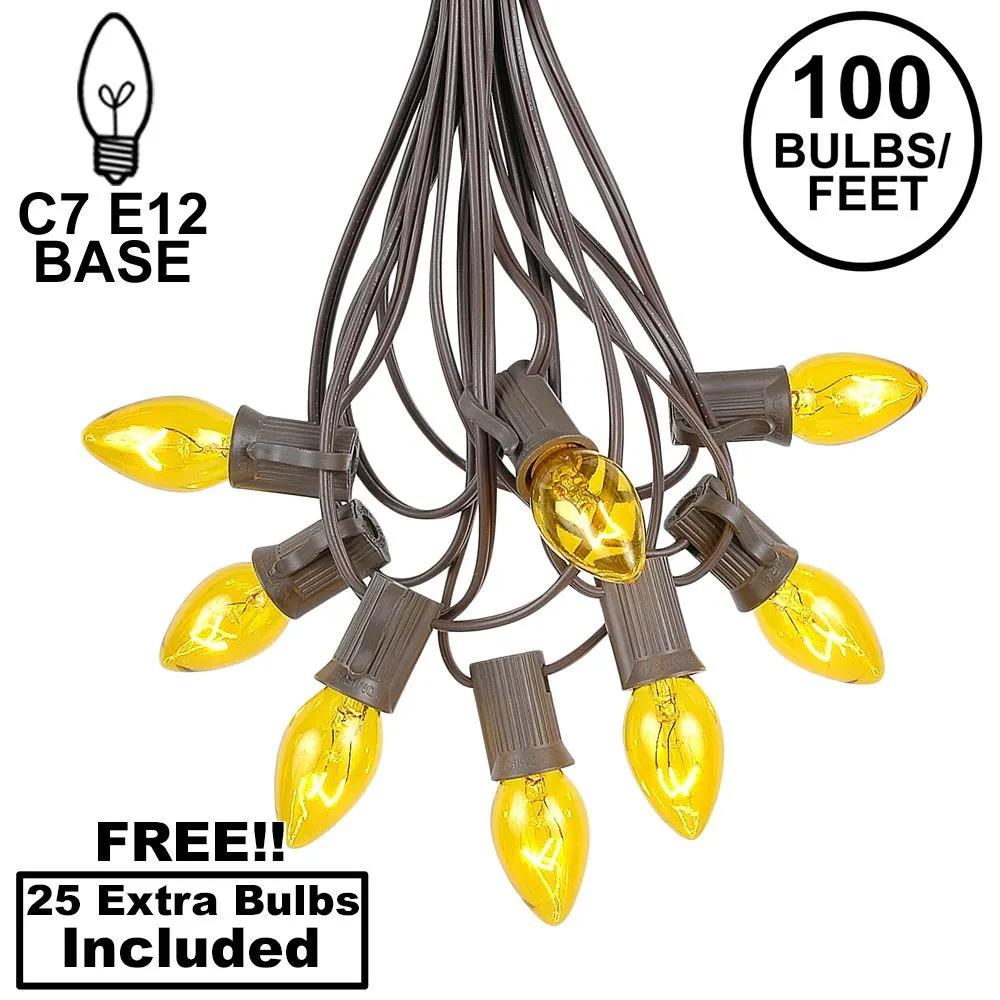100 C7 String Light Set With Yellow Bulbs On Brown Wire 1 100 C7 String Light Set With Yellow Bulbs On Brown Wire