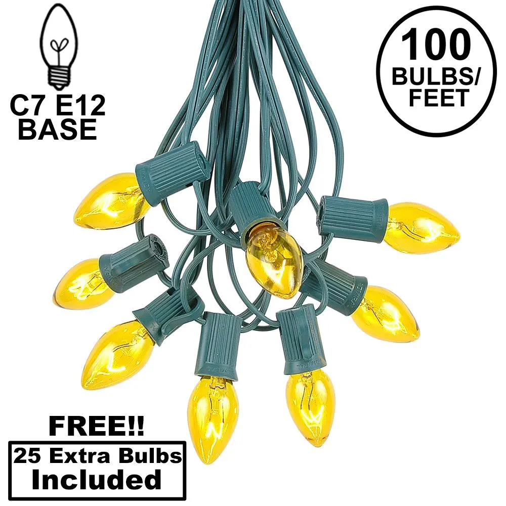 100 C7 String Light Set With Yellow Bulbs On Green Wire 1 100 C7 String Light Set With Yellow Bulbs On Green Wire