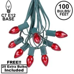 100 C7 String Light Set With Red Bulbs On Green Wire