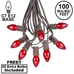 100 C7 String Light Set With Red Bulbs On Brown Wire