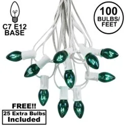 100 C7 String Light Set With Green Bulbs On White Wire