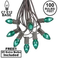 100 C7 String Light Set With Green Bulbs On Brown Wire
