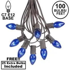100 C7 String Light Set With Blue Bulbs On Brown Wire