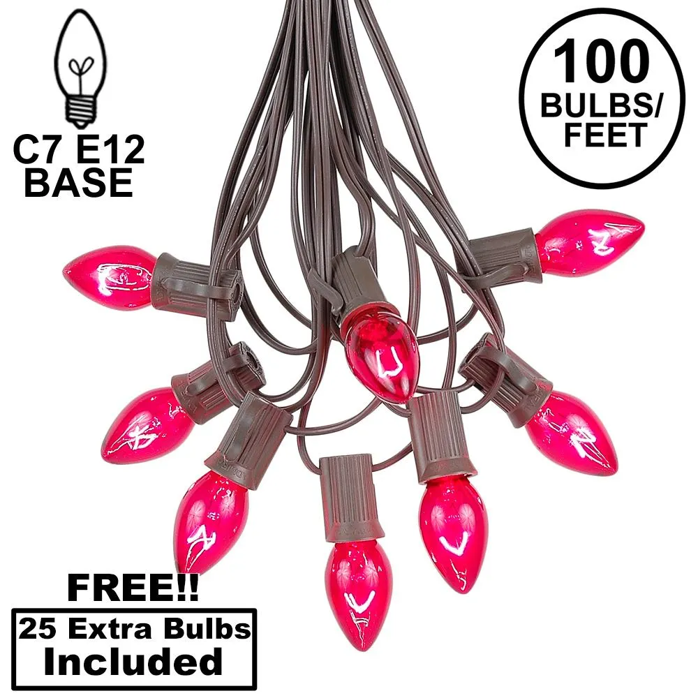 100 C7 String Light Set With Pink Bulbs On Brown Wire 1 100 C7 String Light Set With Pink Bulbs On Brown Wire
