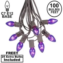 100 C7 String Light Set With Purple Bulbs On Brown Wire