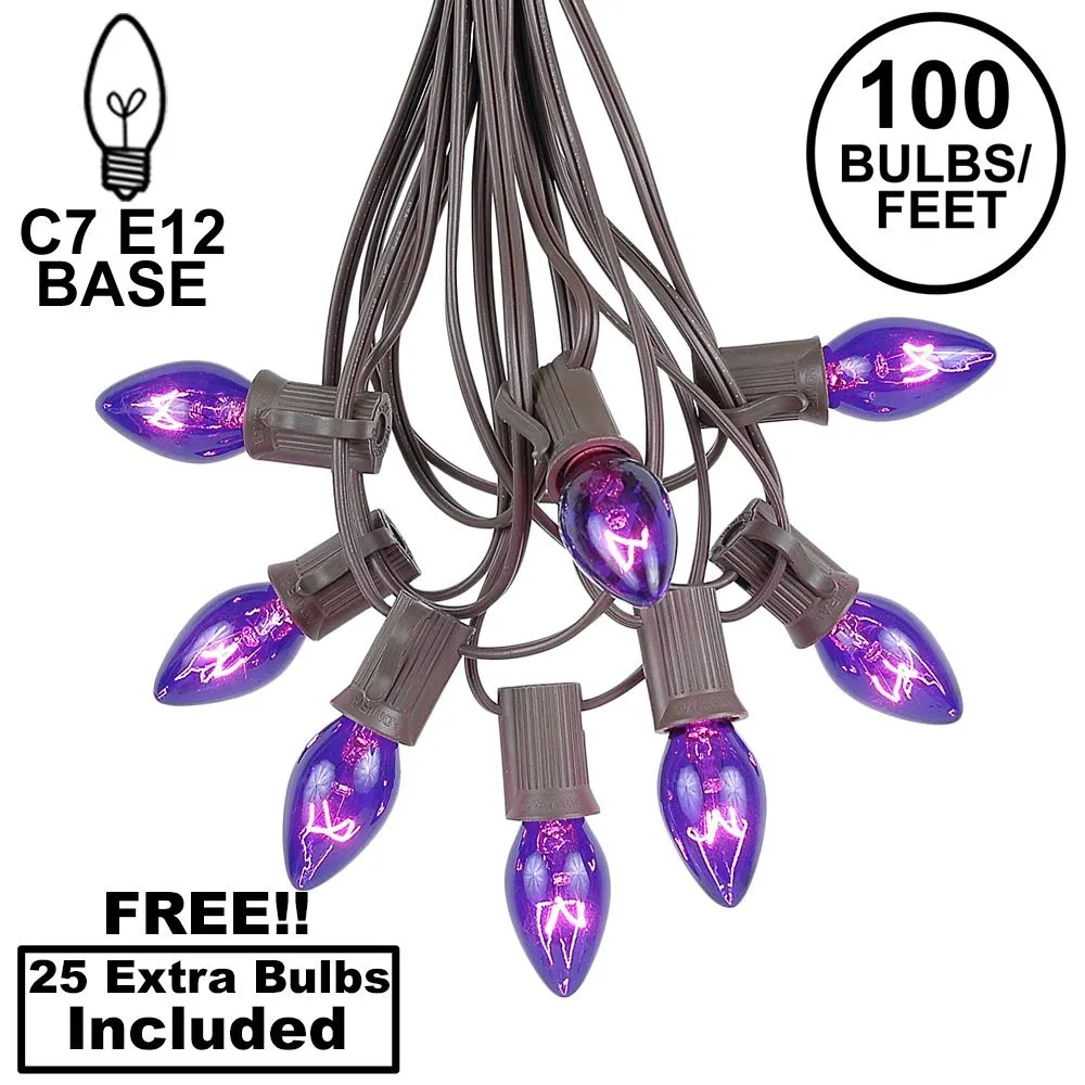 100 C7 String Light Set With Purple Bulbs On Brown Wire 1 100 C7 String Light Set With Purple Bulbs On Brown Wire