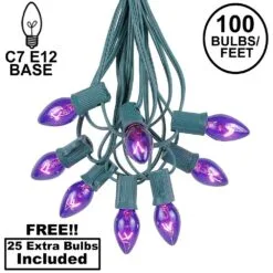 100 C7 String Light Set With Purple Bulbs On Green Wire