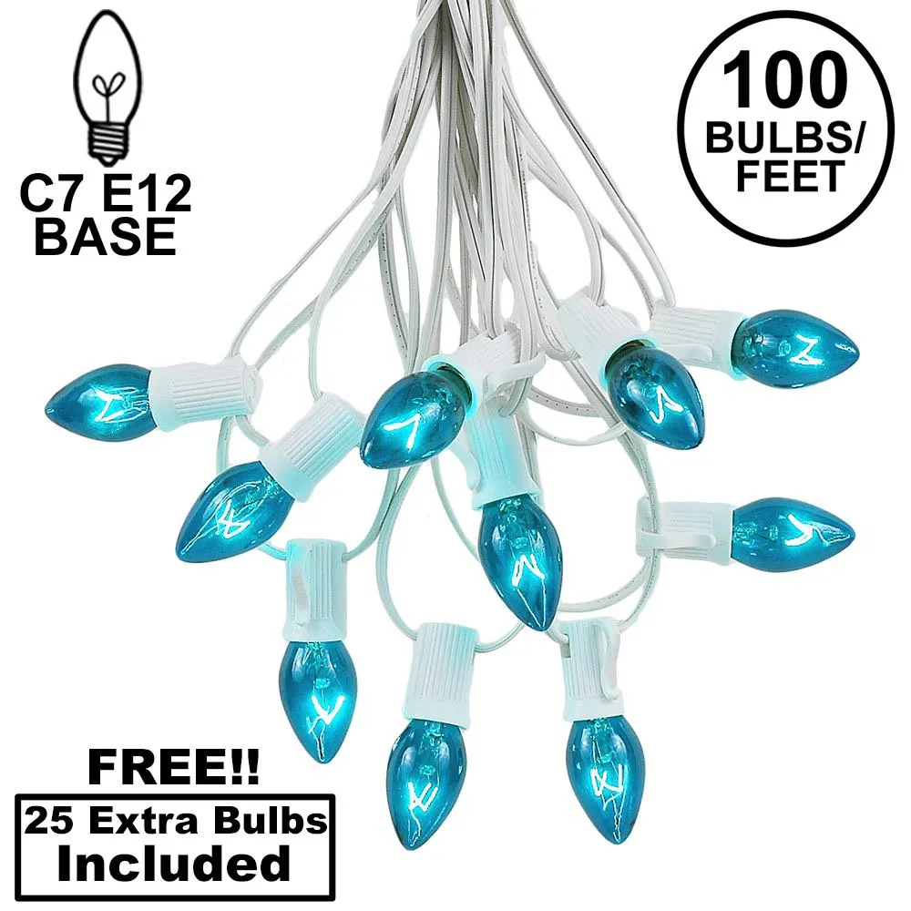 100 C7 String Light Set With Teal Bulbs On White Wire 1 100 C7 String Light Set With Teal Bulbs On White Wire