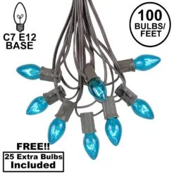 100 C7 String Light Set With Teal Bulbs On Brown Wire