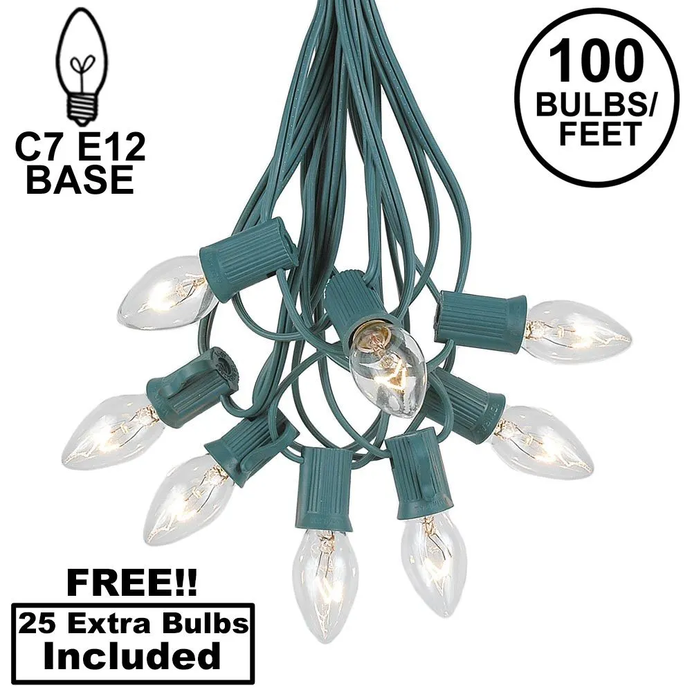 100 C7 String Light Set With Clear Bulbs On Green Wire 1 100 C7 String Light Set With Clear Bulbs On Green Wire