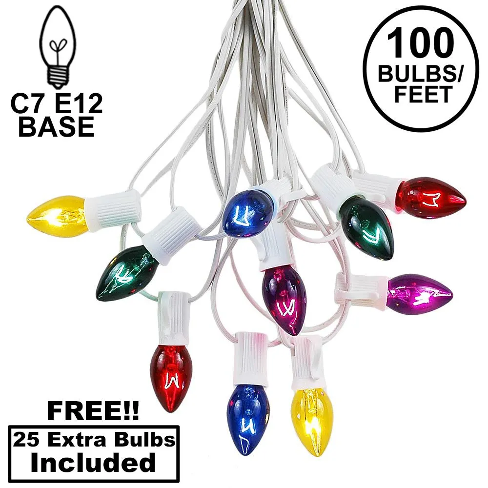 100 C7 String Light Set With Assorted Bulbs On White Wire 1 100 C7 String Light Set With Assorted Bulbs On White Wire