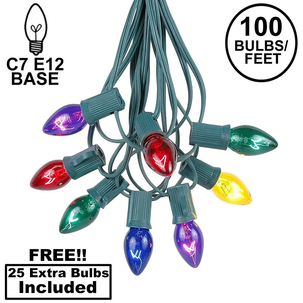 100 C7 String Light Set With Assorted Bulbs On Green Wire 1 100 C7 String Light Set With Assorted Bulbs On Green Wire