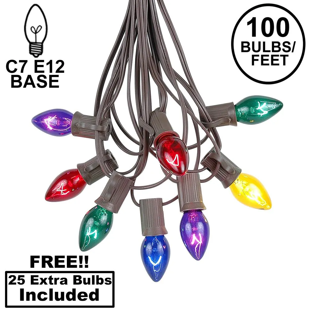 100 C7 String Light Set With Assorted Bulbs On Brown Wire 1 100 C7 String Light Set With Assorted Bulbs On Brown Wire