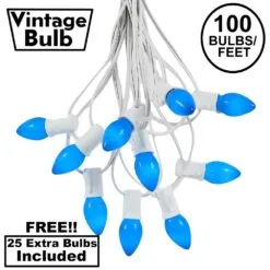 100 C7 String Light Set With Blue Ceramic Bulbs On White Wire